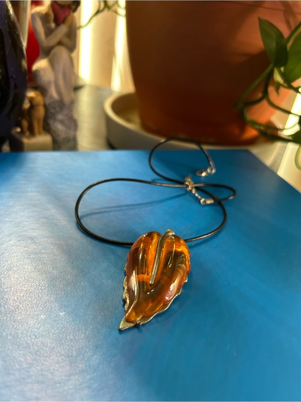 Vintage Genuine Amber Leaf Pendant Necklace with Black Cord